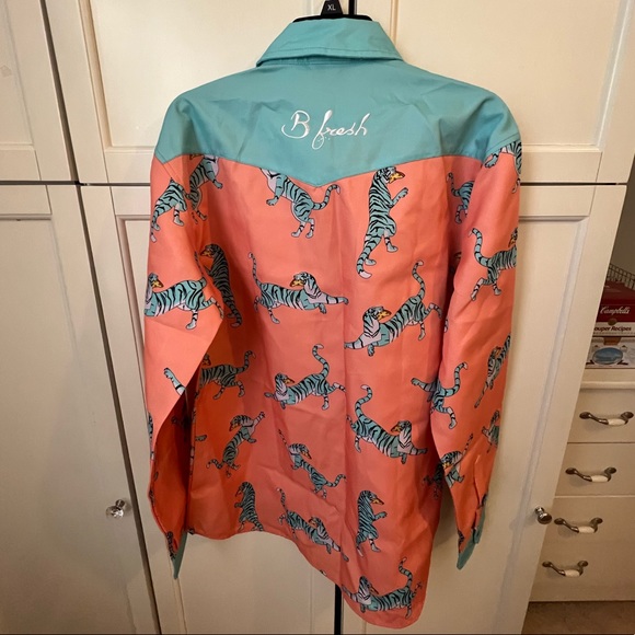 B fresh Pizza Tiger Western Pearl Snap Shirt Collar Orange Blue Medium - Picture 3 of 4